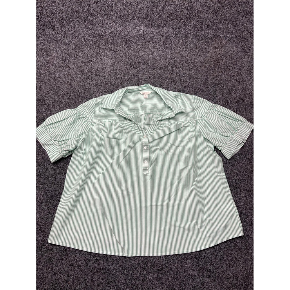 Cato Womens XL Green White Striped Puff Sleeve Button Down Blouse Top